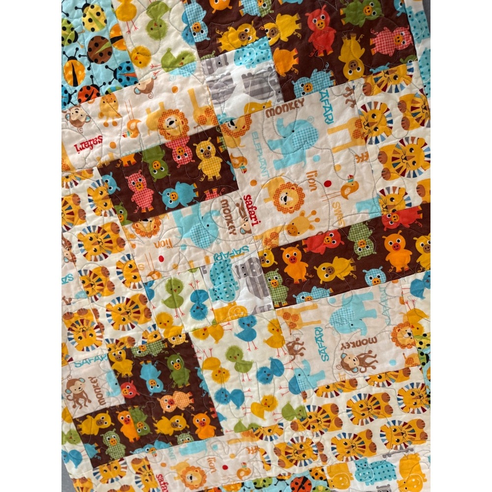 Vtg Style Sesame Street Elmo Quilt Reversible Jungle Animal Patchwork Blanket - Picture 6 of 8